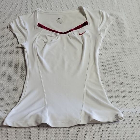 Nike Swoosh White with Pink Trim‎ V-neck Sz. XS SS Athletic Shirt - Picture 2 of 8